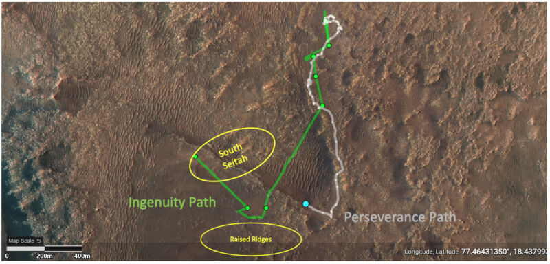 This image depicts the ground tracks of NASA’s Perseverance rover (white) and Ingenuity Mars Helicopter (green) since arriving on Mars on Feb. 18. The upper yellow ellipse depicts the “South Séítah” region, which Ingenuity flew over during its 12th sortie.